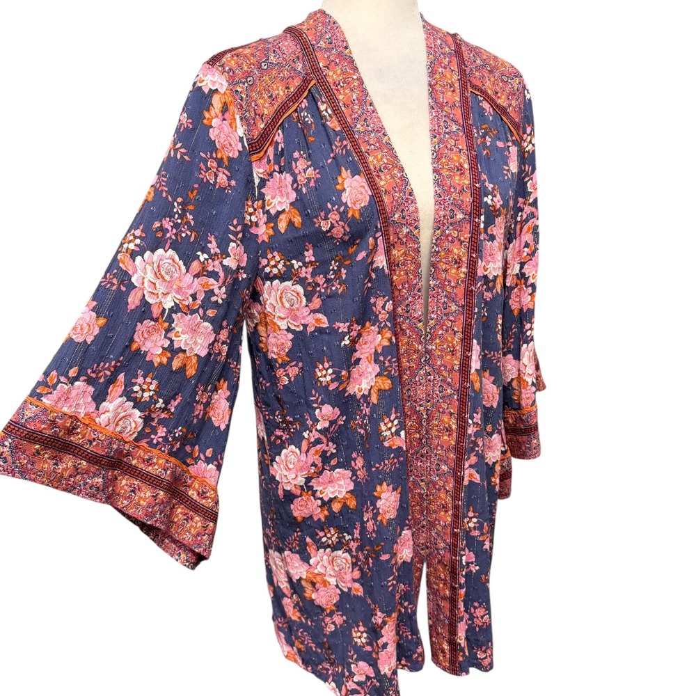 Matilda Jane Kimono Tunic Cardigan Topper Womens M/L Floral Boho Metallic Resort